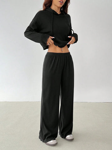 Women Solid Color Drop Shoulder Long Sleeve Drawstring Hooded Top And Pants Casual Set, For Autumn Women Solid Color Drop Shoulder Long Sleeve Drawstring Hooded Top And Pants Casual Set, For Autumn