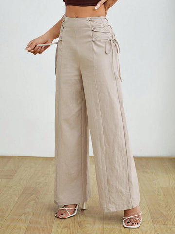 PETITE Women's Fashionable High-Waisted Khaki Wide Leg Pants With Belt PETITE Women's Fashionable High-Waisted Khaki Wide Leg Pants With Belt
