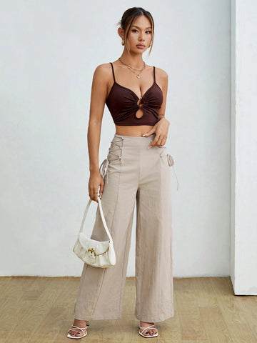 PETITE Women's Fashionable High-Waisted Khaki Wide Leg Pants With Belt PETITE Women's Fashionable High-Waisted Khaki Wide Leg Pants With Belt