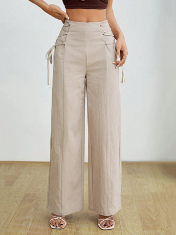 PETITE Women's Fashionable High-Waisted Khaki Wide Leg Pants With Belt PETITE Women's Fashionable High-Waisted Khaki Wide Leg Pants With Belt