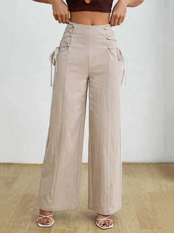 PETITE Women's Fashionable High-Waisted Khaki Wide Leg Pants With Belt PETITE Women's Fashionable High-Waisted Khaki Wide Leg Pants With Belt