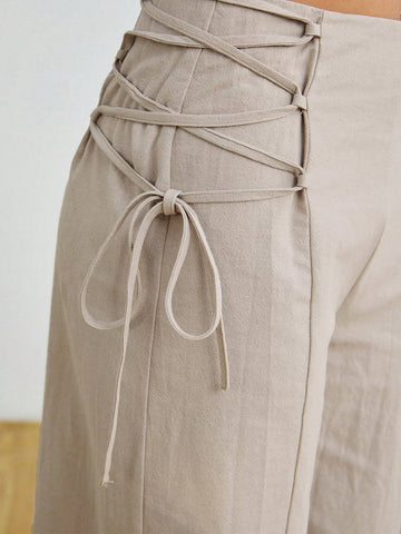 PETITE Women's Fashionable High-Waisted Khaki Wide Leg Pants With Belt PETITE Women's Fashionable High-Waisted Khaki Wide Leg Pants With Belt