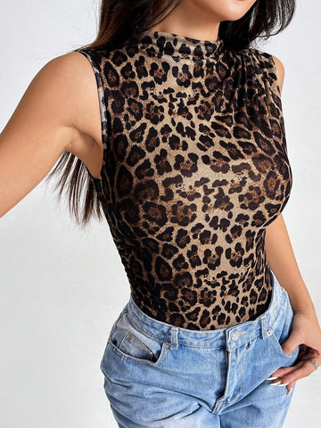 Women's High Neck Leopard Print Casual Sleeveless Bodysuit Women's High Neck Leopard Print Casual Sleeveless Bodysuit