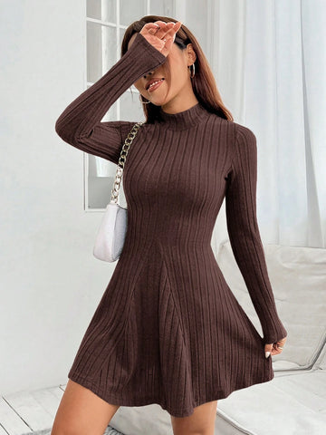 Women's Plain Stand Collar Long Sleeve Simple Casual Short Mini Dress Women's Plain Stand Collar Long Sleeve Simple Casual Short Mini Dress