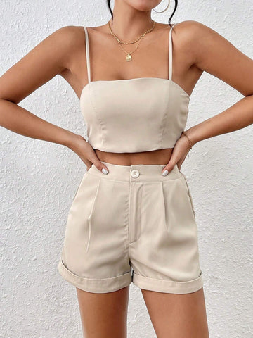 Women's Solid Color Cropped Tank Top And Shorts Set With Diagonal Pockets Women's Solid Color Cropped Tank Top And Shorts Set With Diagonal Pockets
