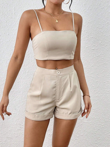Women's Solid Color Cropped Tank Top And Shorts Set With Diagonal Pockets Women's Solid Color Cropped Tank Top And Shorts Set With Diagonal Pockets