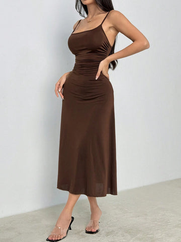 Women's Solid Color Pleated Waist Flared Hem Spaghetti Strap Dress Women's Solid Color Pleated Waist Flared Hem Spaghetti Strap Dress