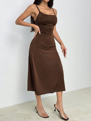 Women's Solid Color Pleated Waist Flared Hem Spaghetti Strap Dress Women's Solid Color Pleated Waist Flared Hem Spaghetti Strap Dress