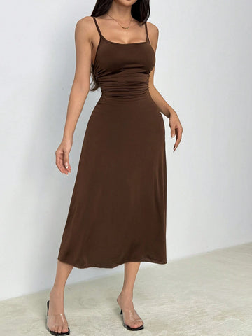 Women's Solid Color Pleated Waist Flared Hem Spaghetti Strap Dress Women's Solid Color Pleated Waist Flared Hem Spaghetti Strap Dress