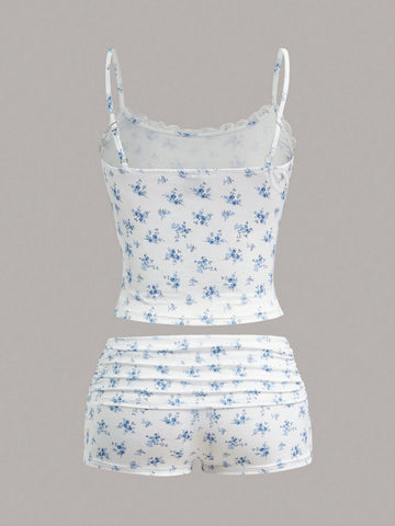 Women's Summer Casual Ditsy Floral Ruched Slim Fit Spaghetti Strap Mini Shorts Two Pieces Set Women's Summer Casual Ditsy Floral Ruched Slim Fit Spaghetti Strap Mini Shorts Two Pieces Set