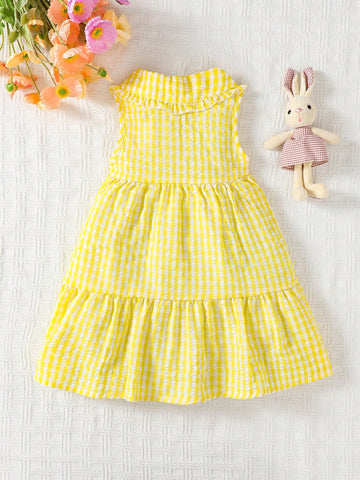 Young Girl Elegant Sweet Pink Gingham Collar Sleeveless A-Line Dress Young Girl Elegant Sweet Pink Gingham Collar Sleeveless A-Line Dress
