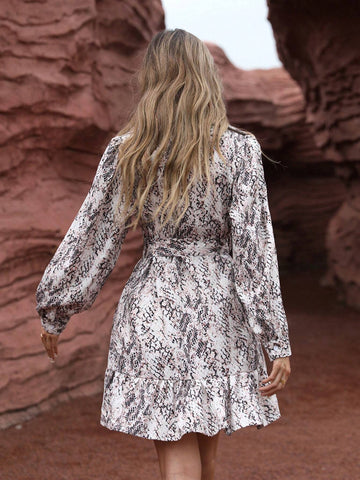1pc Snake Skin Print Long Sleeve Dress 1pc Snake Skin Print Long Sleeve Dress