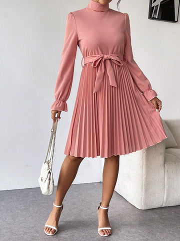 1pc Solid Color Belted Stand Collar Pleated Long Sleeve Dress, Elegant 1pc Solid Color Belted Stand Collar Pleated Long Sleeve Dress, Elegant