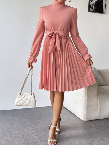 1pc Solid Color Belted Stand Collar Pleated Long Sleeve Dress, Elegant 1pc Solid Color Belted Stand Collar Pleated Long Sleeve Dress, Elegant