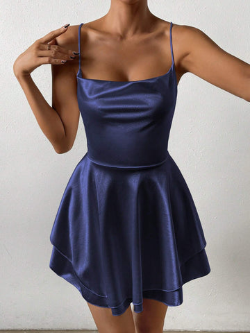 1pc Solid Color Pleated Layered Sleeveless Sexy Slip Dress 1pc Solid Color Pleated Layered Sleeveless Sexy Slip Dress