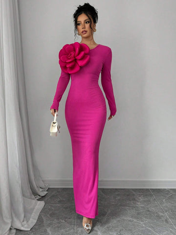 1pc Women 3D Flower Decor Long Sleeve Mermaid Hem Fitted Elegant Dress 1pc Women 3D Flower Decor Long Sleeve Mermaid Hem Fitted Elegant Dress