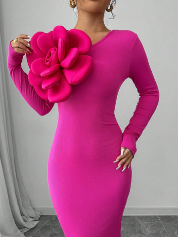 1pc Women 3D Flower Decor Long Sleeve Mermaid Hem Fitted Elegant Dress 1pc Women 3D Flower Decor Long Sleeve Mermaid Hem Fitted Elegant Dress