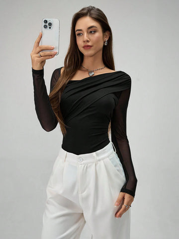 1pc Women's Solid Color Asymmetric Neck Long Sleeve Ruffle & Mesh Panel Bodysuit 1pc Women's Solid Color Asymmetric Neck Long Sleeve Ruffle & Mesh Panel Bodysuit