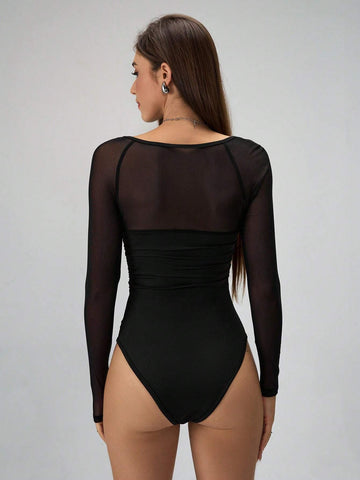 1pc Women's Solid Color Asymmetric Neck Long Sleeve Ruffle & Mesh Panel Bodysuit 1pc Women's Solid Color Asymmetric Neck Long Sleeve Ruffle & Mesh Panel Bodysuit