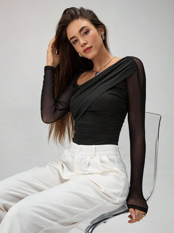 1pc Women's Solid Color Asymmetric Neck Long Sleeve Ruffle & Mesh Panel Bodysuit 1pc Women's Solid Color Asymmetric Neck Long Sleeve Ruffle & Mesh Panel Bodysuit