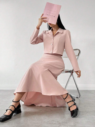 2pcs Elegant Gentle Style Elegant Pink Top And Skirt Set 2pcs Elegant Gentle Style Elegant Pink Top And Skirt Set