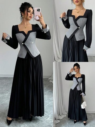 2pcs Women Elegant Grid Pattern Puff Long Sleeve Button-Up Blouse And Long Pleated Skirt Set, Autumn 2pcs Women Elegant Grid Pattern Puff Long Sleeve Button-Up Blouse And Long Pleated Skirt Set, Autumn