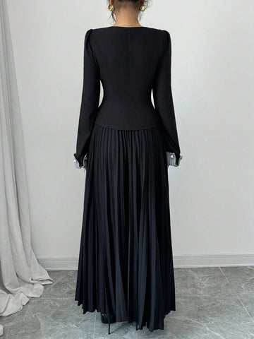 2pcs Women Elegant Grid Pattern Puff Long Sleeve Button-Up Blouse And Long Pleated Skirt Set, Autumn 2pcs Women Elegant Grid Pattern Puff Long Sleeve Button-Up Blouse And Long Pleated Skirt Set, Autumn