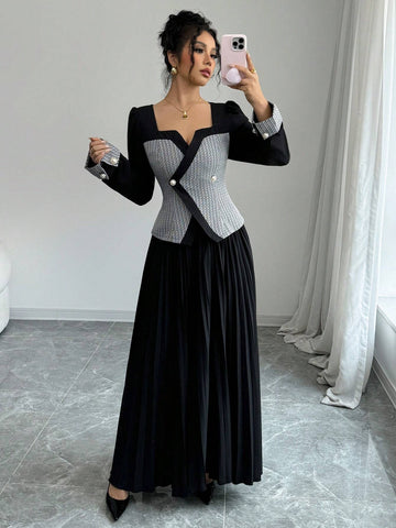 2pcs Women Elegant Grid Pattern Puff Long Sleeve Button-Up Blouse And Long Pleated Skirt Set, Autumn 2pcs Women Elegant Grid Pattern Puff Long Sleeve Button-Up Blouse And Long Pleated Skirt Set, Autumn