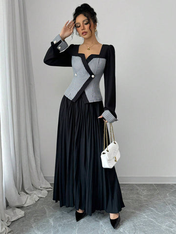 2pcs Women Elegant Grid Pattern Puff Long Sleeve Button-Up Blouse And Long Pleated Skirt Set, Autumn 2pcs Women Elegant Grid Pattern Puff Long Sleeve Button-Up Blouse And Long Pleated Skirt Set, Autumn