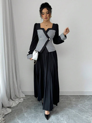 2pcs Women Elegant Grid Pattern Puff Long Sleeve Button-Up Blouse And Long Pleated Skirt Set, Autumn 2pcs Women Elegant Grid Pattern Puff Long Sleeve Button-Up Blouse And Long Pleated Skirt Set, Autumn