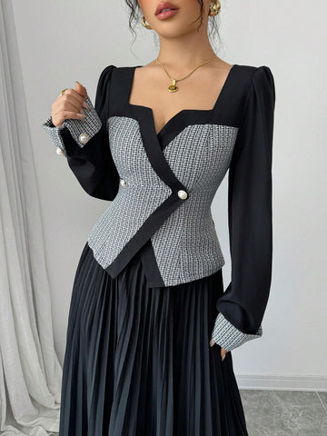 2pcs Women Elegant Grid Pattern Puff Long Sleeve Button-Up Blouse And Long Pleated Skirt Set, Autumn 2pcs Women Elegant Grid Pattern Puff Long Sleeve Button-Up Blouse And Long Pleated Skirt Set, Autumn