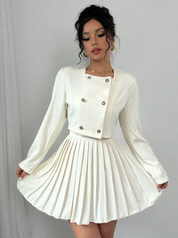 2pcs Women's Button Up Long Sleeve Top And Elegant Pleated Skirt Set 2pcs Women's Button Up Long Sleeve Top And Elegant Pleated Skirt Set