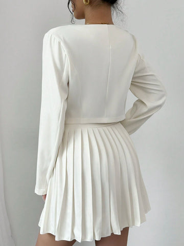 2pcs Women's Button Up Long Sleeve Top And Elegant Pleated Skirt Set 2pcs Women's Button Up Long Sleeve Top And Elegant Pleated Skirt Set