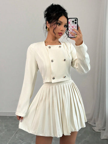 2pcs Women's Button Up Long Sleeve Top And Elegant Pleated Skirt Set 2pcs Women's Button Up Long Sleeve Top And Elegant Pleated Skirt Set