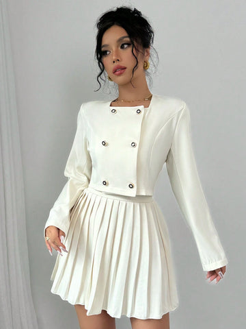 2pcs Women's Button Up Long Sleeve Top And Elegant Pleated Skirt Set 2pcs Women's Button Up Long Sleeve Top And Elegant Pleated Skirt Set