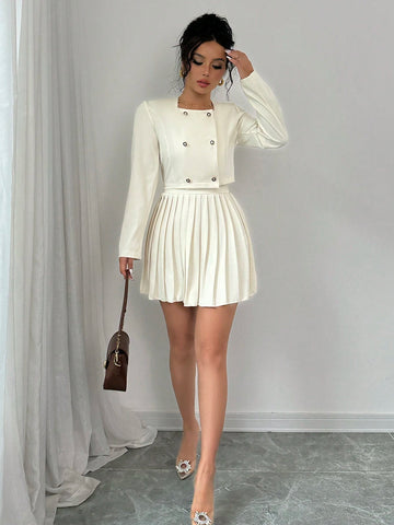 2pcs Women's Button Up Long Sleeve Top And Elegant Pleated Skirt Set 2pcs Women's Button Up Long Sleeve Top And Elegant Pleated Skirt Set