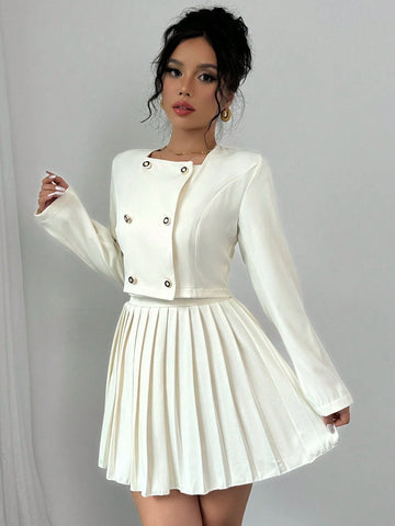 2pcs Women's Button Up Long Sleeve Top And Elegant Pleated Skirt Set 2pcs Women's Button Up Long Sleeve Top And Elegant Pleated Skirt Set