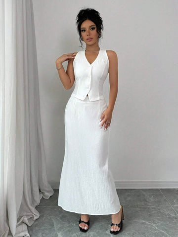 2pcs Women's Elegant Casual Halter Neck Vest And Long Skirt Set 2pcs Women's Elegant Casual Halter Neck Vest And Long Skirt Set