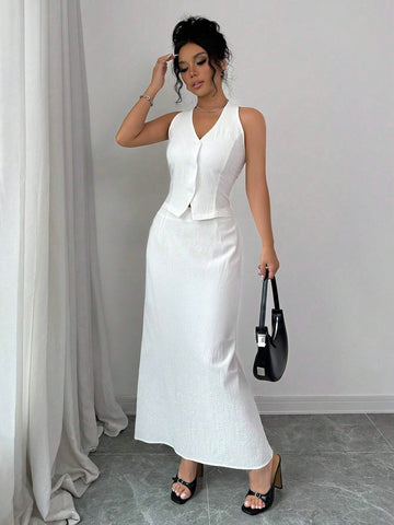2pcs Women's Elegant Casual Halter Neck Vest And Long Skirt Set 2pcs Women's Elegant Casual Halter Neck Vest And Long Skirt Set