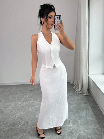 2pcs Women's Elegant Casual Halter Neck Vest And Long Skirt Set 2pcs Women's Elegant Casual Halter Neck Vest And Long Skirt Set
