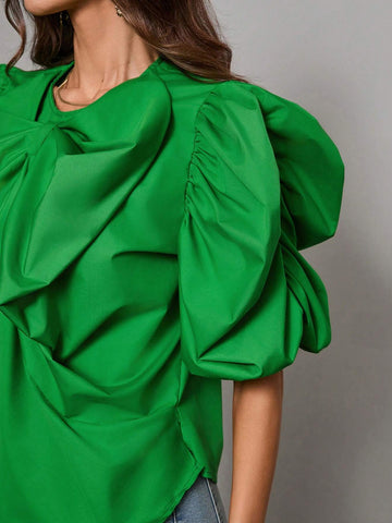 Privé 3D Bow & Big Flower Decor Puff Sleeve Women's Interesting Shirt Privé 3D Bow & Big Flower Decor Puff Sleeve Women's Interesting Shirt