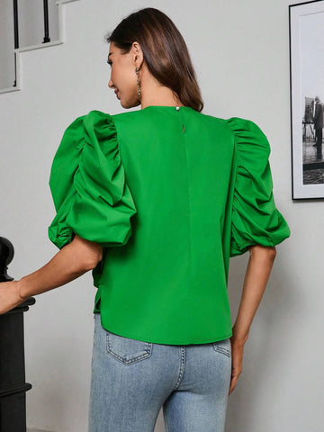 Privé 3D Bow & Big Flower Decor Puff Sleeve Women's Interesting Shirt Privé 3D Bow & Big Flower Decor Puff Sleeve Women's Interesting Shirt