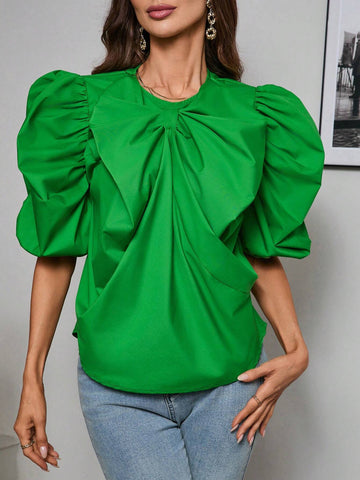 Privé 3D Bow & Big Flower Decor Puff Sleeve Women's Interesting Shirt Privé 3D Bow & Big Flower Decor Puff Sleeve Women's Interesting Shirt