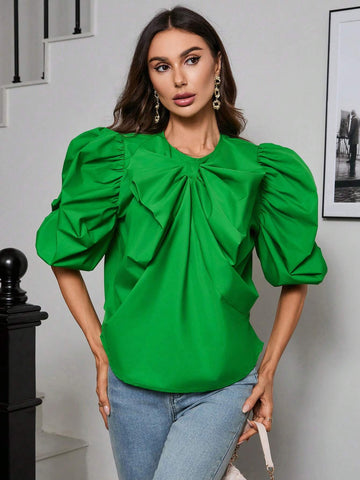 Privé 3D Bow & Big Flower Decor Puff Sleeve Women's Interesting Shirt Privé 3D Bow & Big Flower Decor Puff Sleeve Women's Interesting Shirt