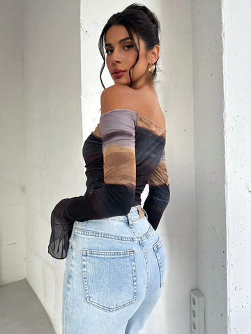 Autumn/Winter New Elegant & Sexy Party Tie Dye Print Off Shoulder Flare Sleeve Bodysuit Autumn/Winter New Elegant & Sexy Party Tie Dye Print Off Shoulder Flare Sleeve Bodysuit