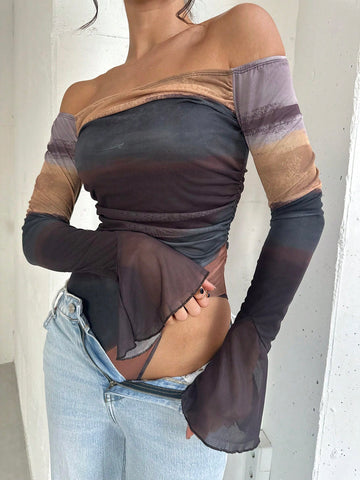 Autumn/Winter New Elegant & Sexy Party Tie Dye Print Off Shoulder Flare Sleeve Bodysuit Autumn/Winter New Elegant & Sexy Party Tie Dye Print Off Shoulder Flare Sleeve Bodysuit