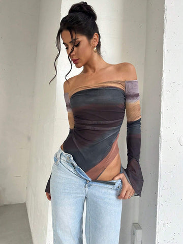 Autumn/Winter New Elegant & Sexy Party Tie Dye Print Off Shoulder Flare Sleeve Bodysuit Autumn/Winter New Elegant & Sexy Party Tie Dye Print Off Shoulder Flare Sleeve Bodysuit