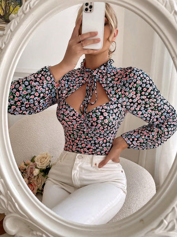 Autumn Casual Ditsy Floral Hollow Out Lantern Sleeve Bodysuit Autumn Casual Ditsy Floral Hollow Out Lantern Sleeve Bodysuit