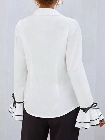 Contrast Binding Ruffle Trim Flare Sleeve Shirt Contrast Binding Ruffle Trim Flare Sleeve Shirt