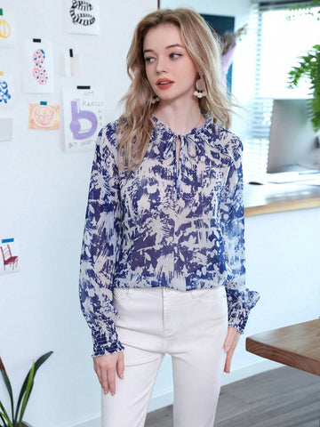 Privé Elegant And Chic Floral Chiffon Long-Sleeved Shirt With Tie Collar And Ruffle Hem, Perfect For Work Privé Elegant And Chic Floral Chiffon Long-Sleeved Shirt With Tie Collar And Ruffle Hem, Perfect For Work
